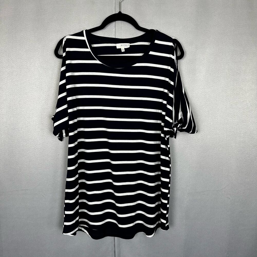 Women's Hayden Los Angeles Navy Blue & White Stripe Cold Shoulder Blouse- Size L